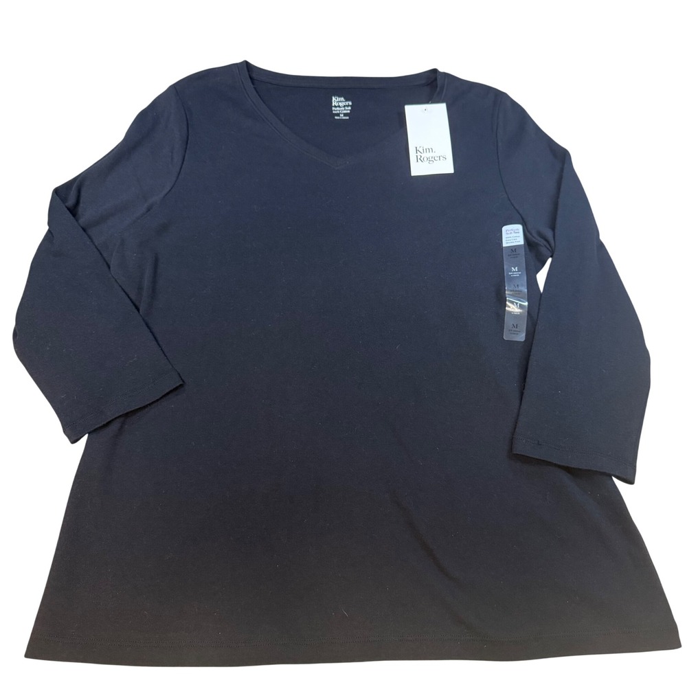 Kim Rogers Perfectly Soft Tee Black 3/4 Sleeve V-Neck 100% Cotton Top Medium NEW